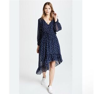 Joie Dress Small Navy Blue Alithea Silk Floral Asymmetric Ruffle Hem Midi Ruched